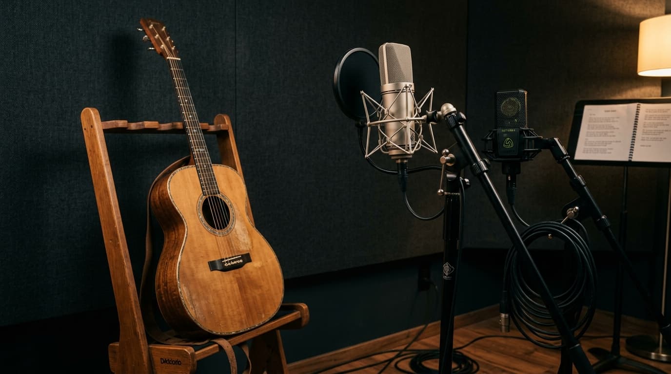 Studio microphones positioned near handcrafted acoustic guitar in a music production room