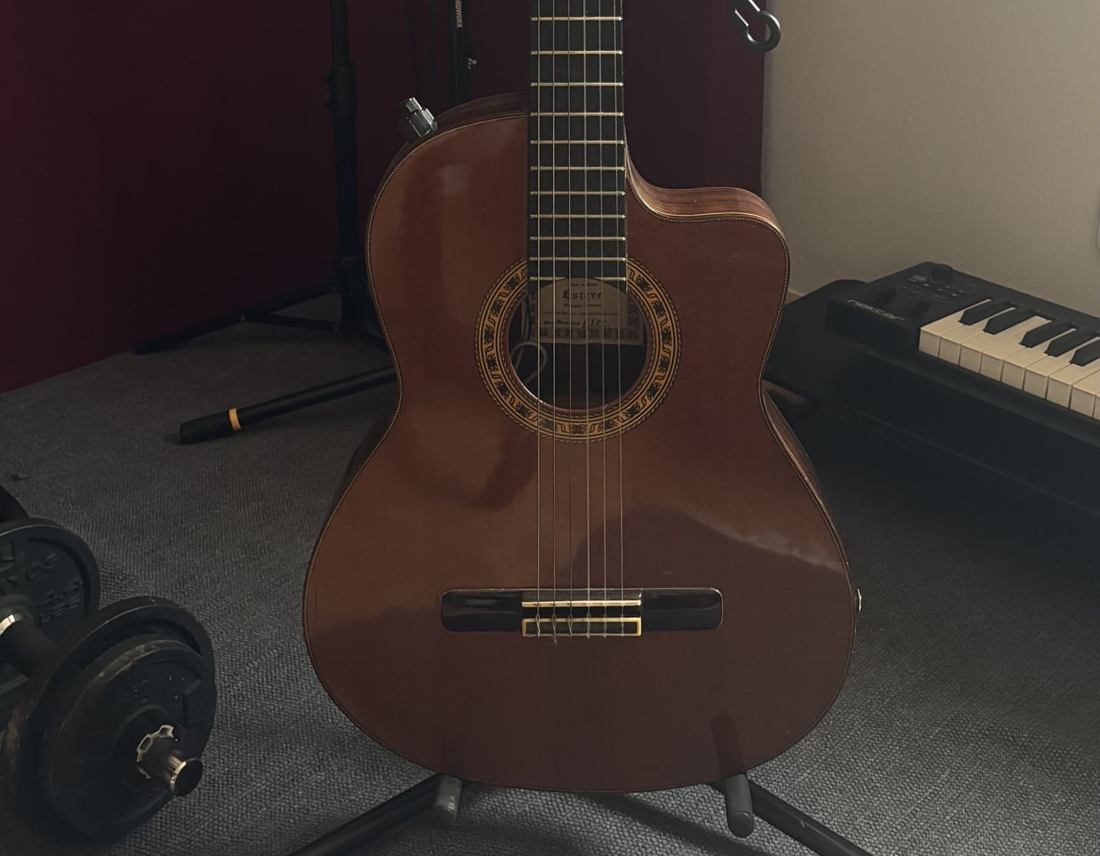 Handmade Spanish nylon-string guitar with cutaway on studio stand