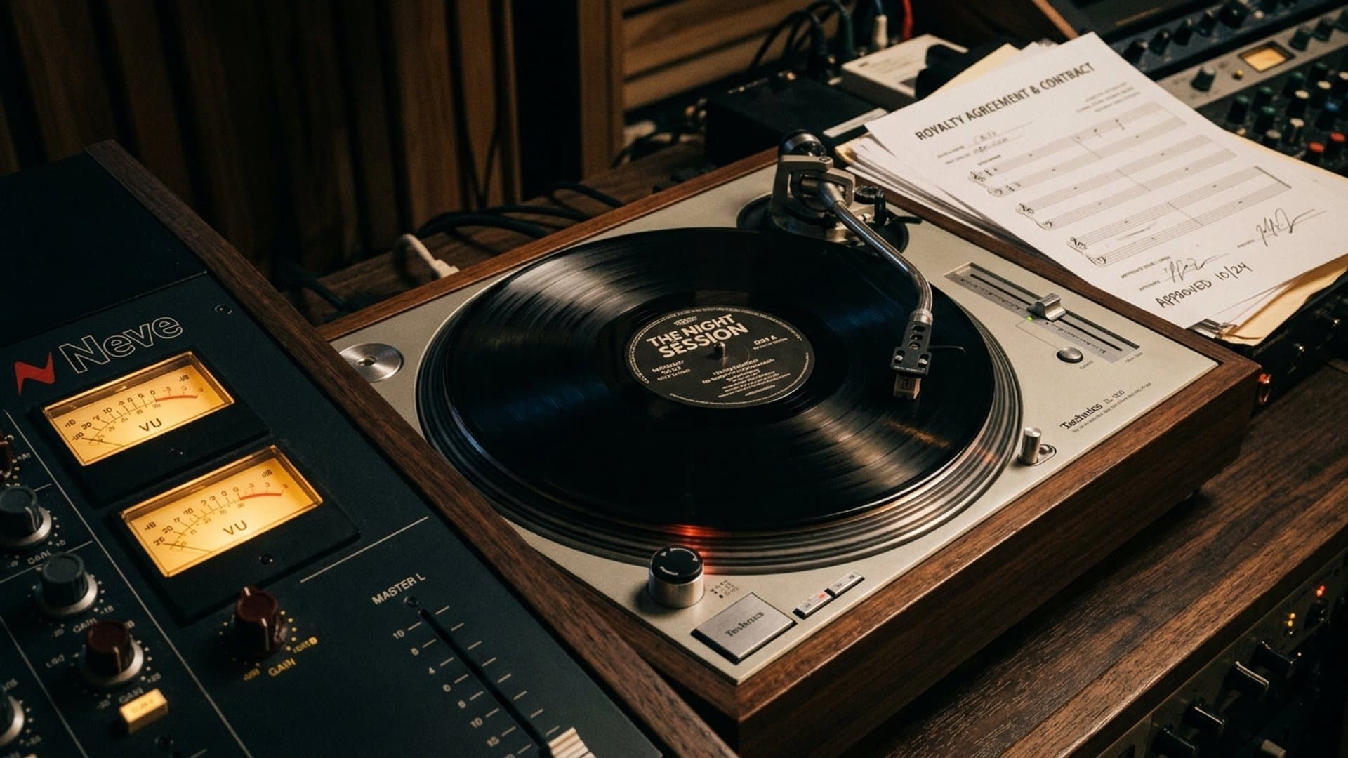 Vintage vinyl record on turntable next to audio mixing console with royalty agreement contract