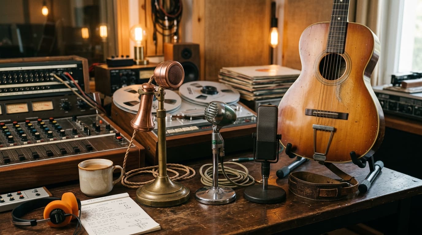 Vintage studio desk with copper resonator microphone, harmonica bullet mic, ribbon mic, and 1960s Italian acoustic guitar