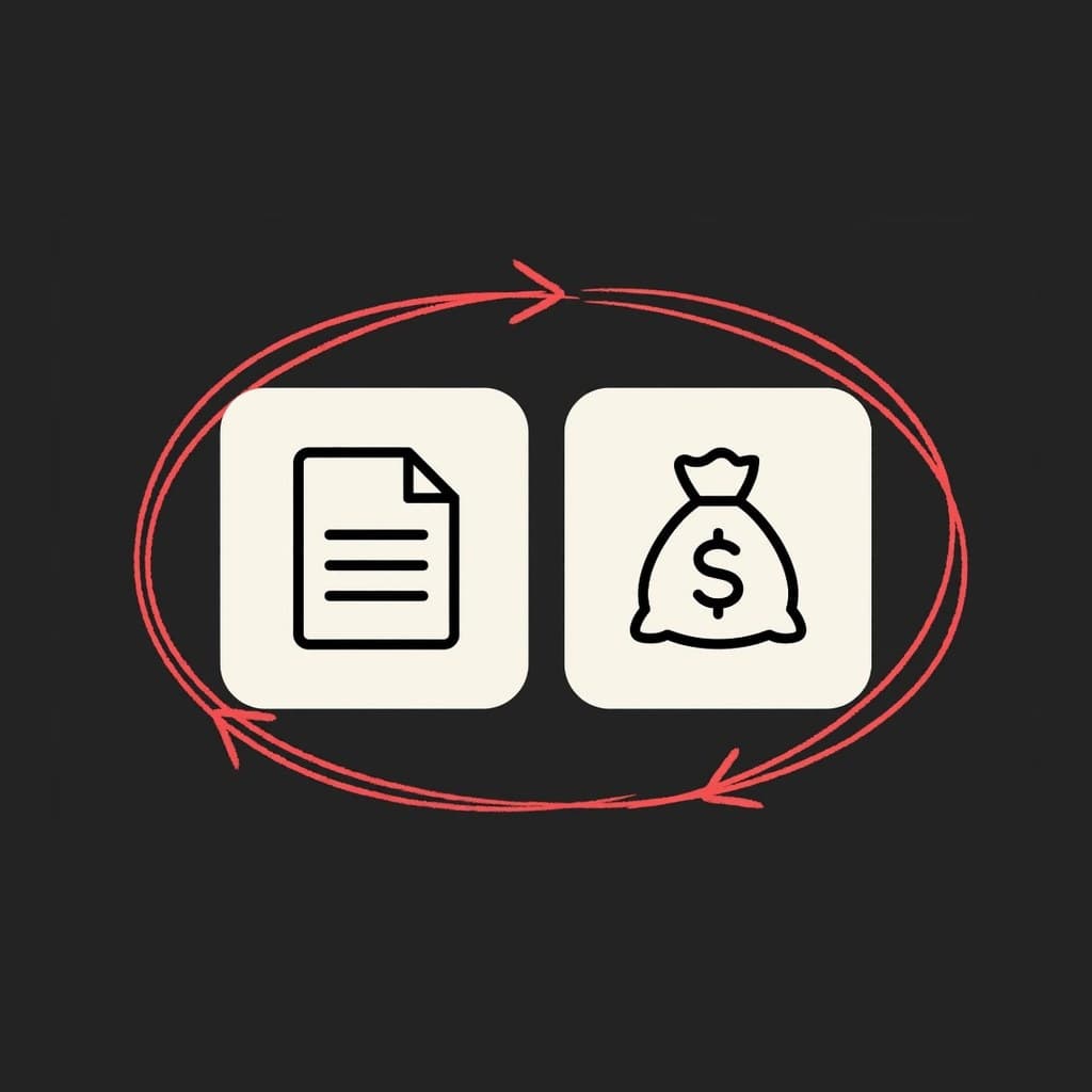 Agreement document and royalty payment icons with cyclical workflow arrows